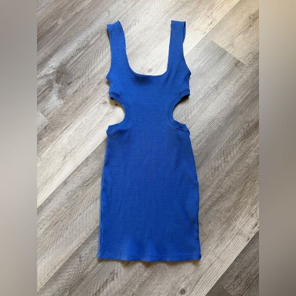 ZARA Ribbed Mini Dress Cutout Party Club Blue Medium - Picture 2 of 7